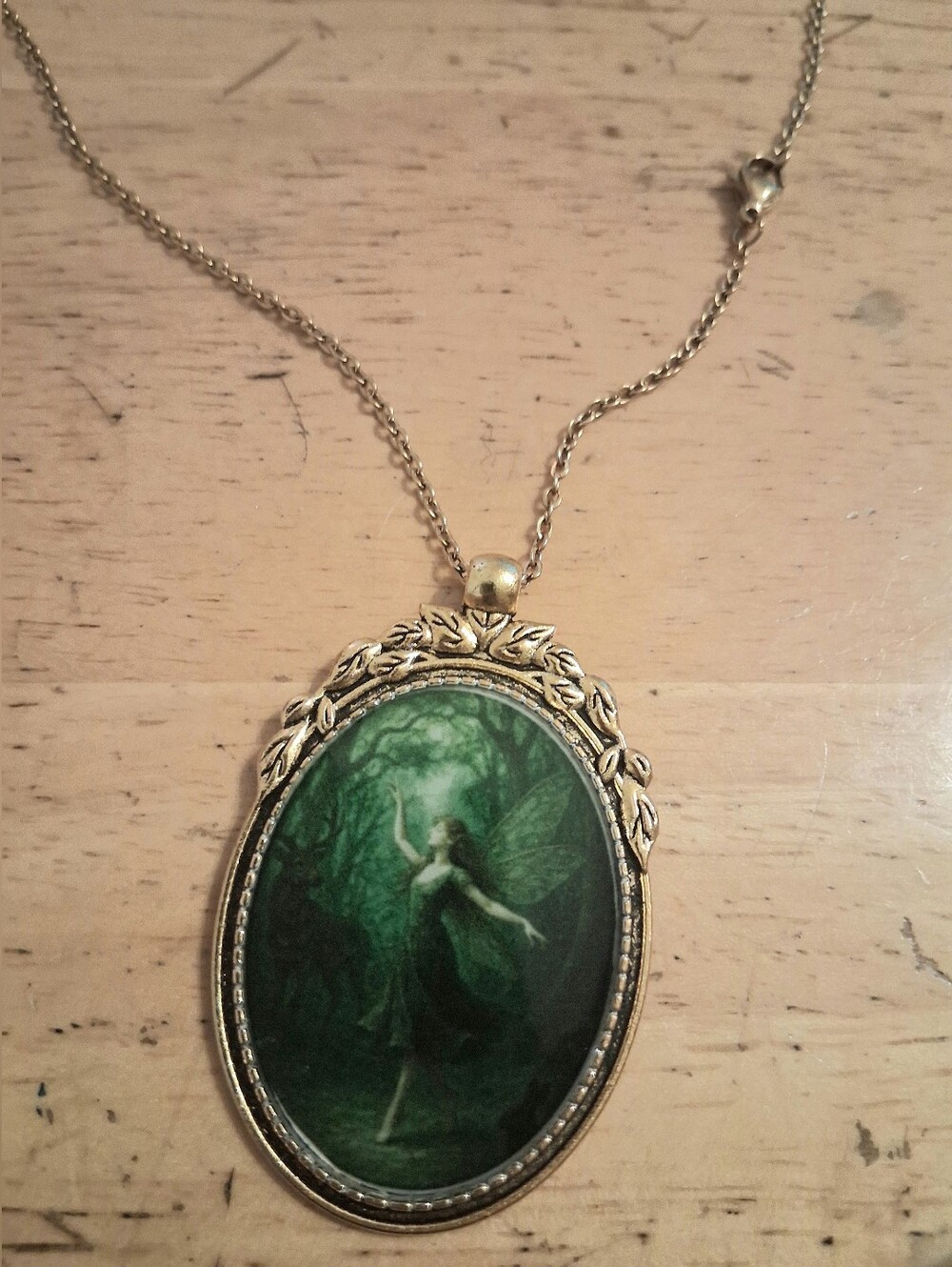 Fairycore Woodland Fairy Pendant Necklace Green Antique Gold Tone